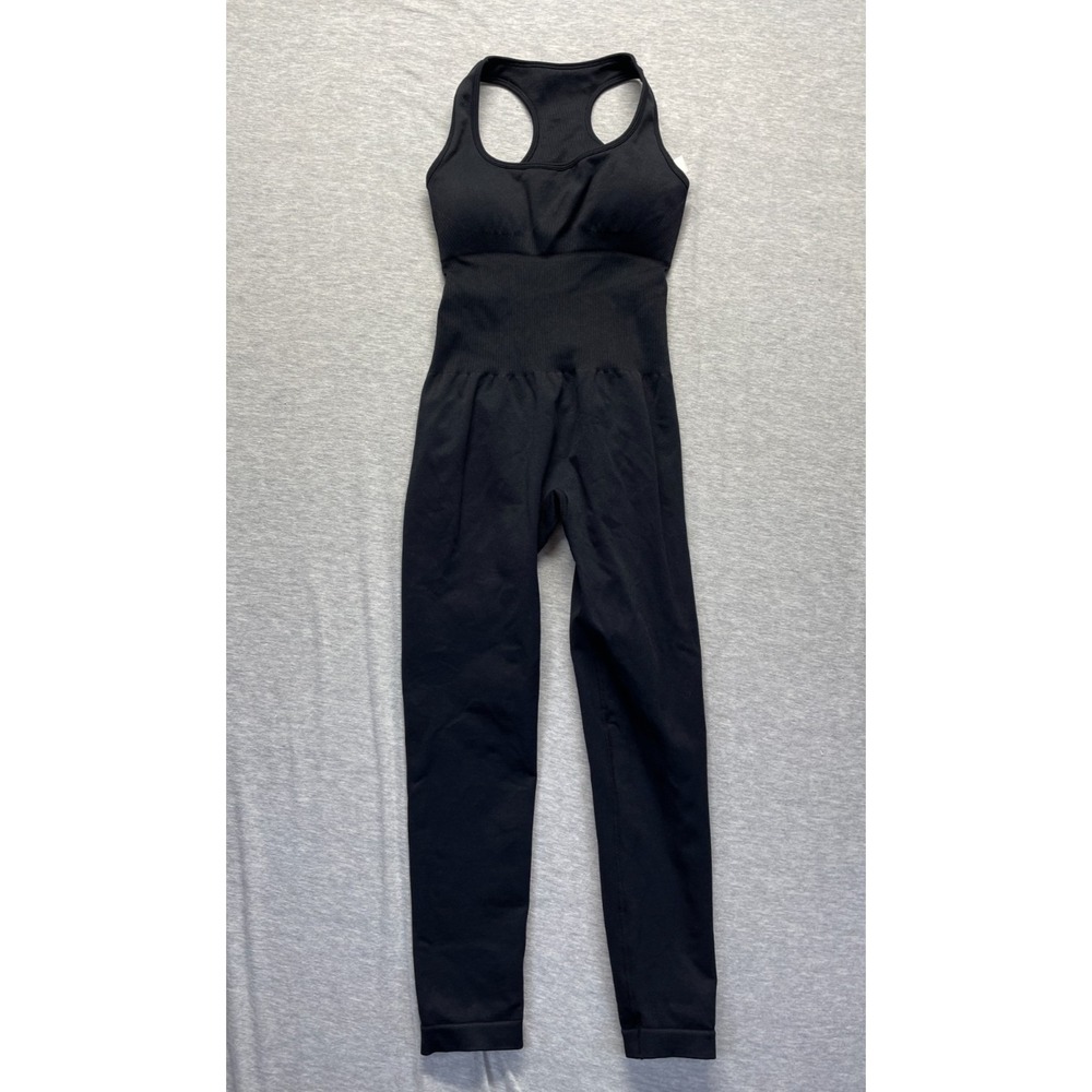 Women's Seamless One Piece Jumpsuit Medium Black Ribbed Workout Racerback Straps